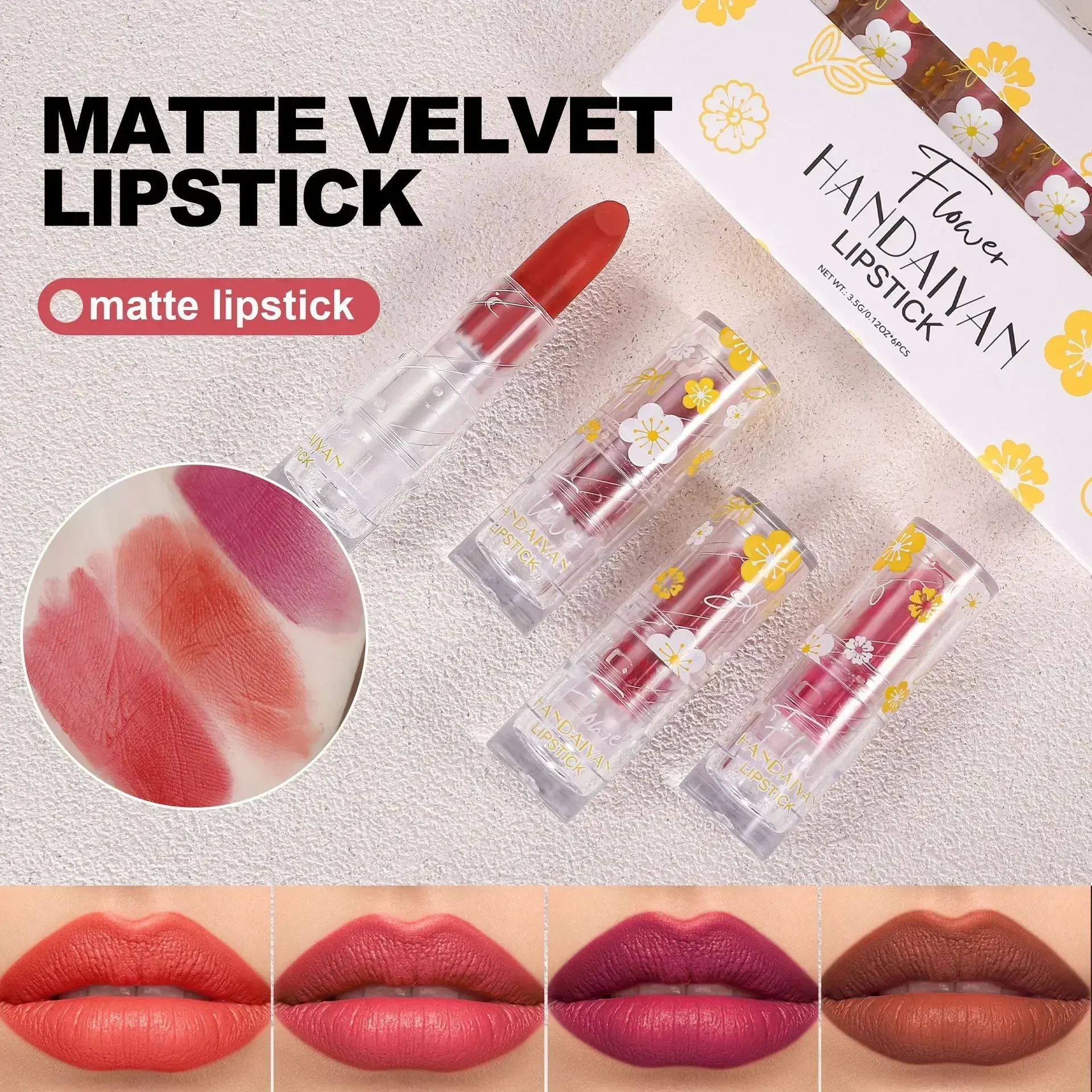 مجموعة أحمر شفاه مخملية غير لامعة مكونة من 6 قطع من HANDAIYAN خفيفة الوزن وتأثير ناعم ومرطب طبيعي ومقاومة للماء وسهلة الاستخدام مجموعة أحمر الشفاه 21 جرام