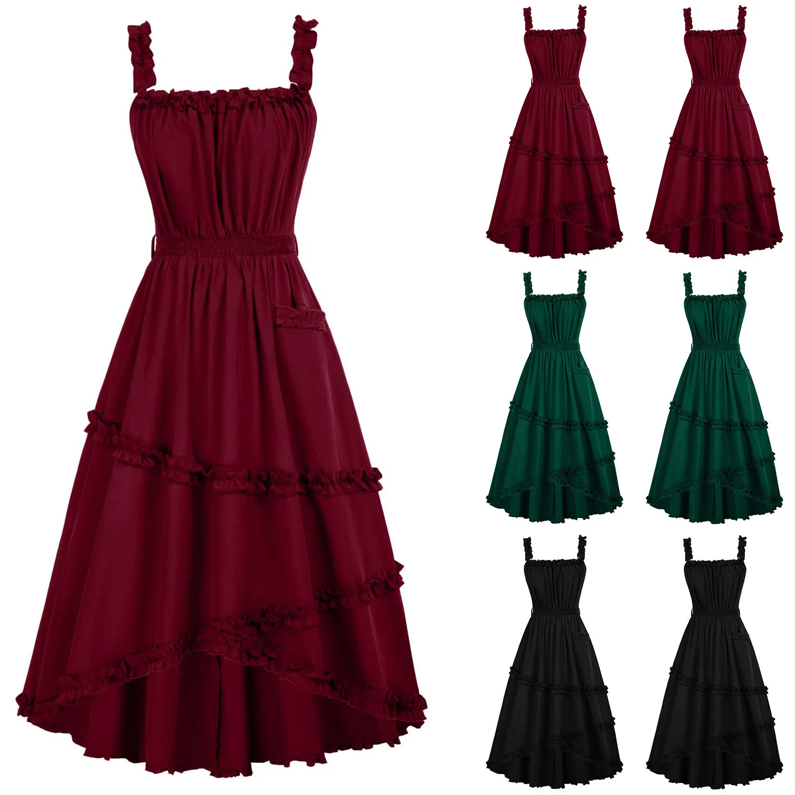 

Women'S Sling Dress Fashion Casual Solid Lace Splicing Gothic Court Vintage Big Swing Dresses Daily Regular Waist Folds Dress