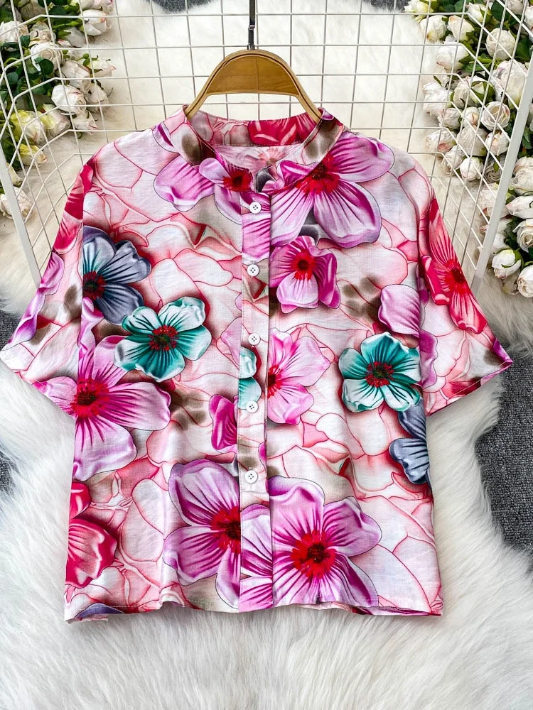 

Summer New Women's Print Stand Collar ort Sve irt Loose Fit Slimming Top Single Button Korean Sle Commute Faion