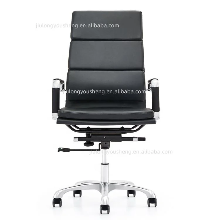 High Back Ribbed Leather Office Chair Adjustable Height Desk Chair Chromed Aluminium Alloy Armrest Executive Office Chair