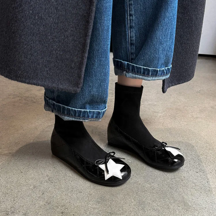 Botines de mujer, botas de caña corta, con estampado de estrellas y lazo, de piel de oveja y ante, con cuña oculta, punta redonda, fáciles de poner, estilo bailarinas, cómodas, para mujer, modelo F429.