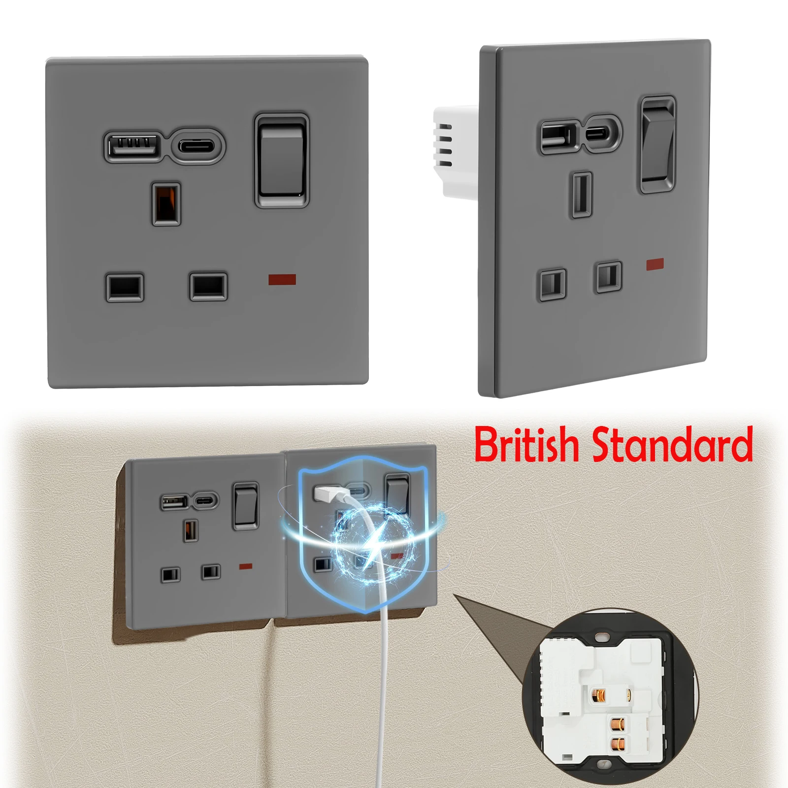 

Настенная розетка AC250 с одним переключателем, USB-разъем типа A и USB-портами для зарядки типа C, быстрая зарядка 13A, стандарт Великобритании для телефона