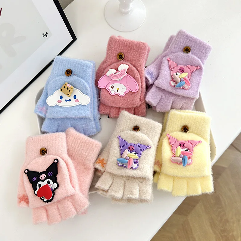 Sanrio Melody Kuromi Golves Women Kawaii Cartoon Warm Flap Open Half Finger Hello Kitty Knitted Coldproof Children Gloves