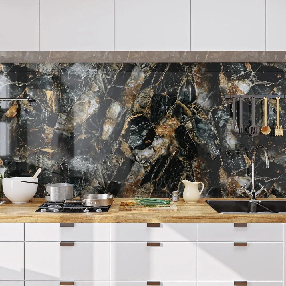 ورق حائط كبير من الرخام الأسود والذهبي قابل للإزالة مقاوم للماء ذاتي اللصق وقابل للإزالة للمطبخ والحمام #5