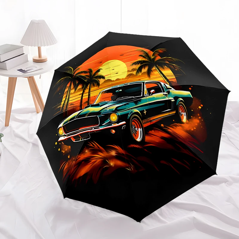Cool Car Theme Design Folding Umbrella - Fashionable Auto-Open Design 8 Iron Ribs Plastic Handle Foldable Sunshade，Perfect Gifts