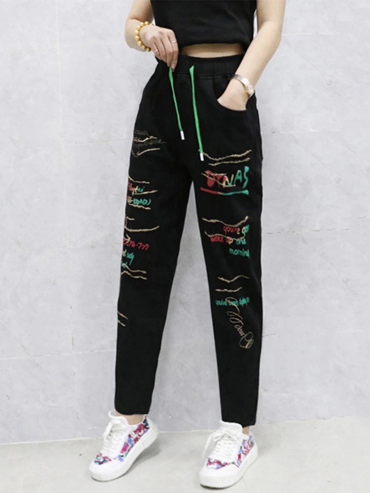 

Slimming Effect fiti Embroidery Harlan Jeans Women's Loose Casual Wide Leg High Waist Denim Pants Spring Summer New Sle