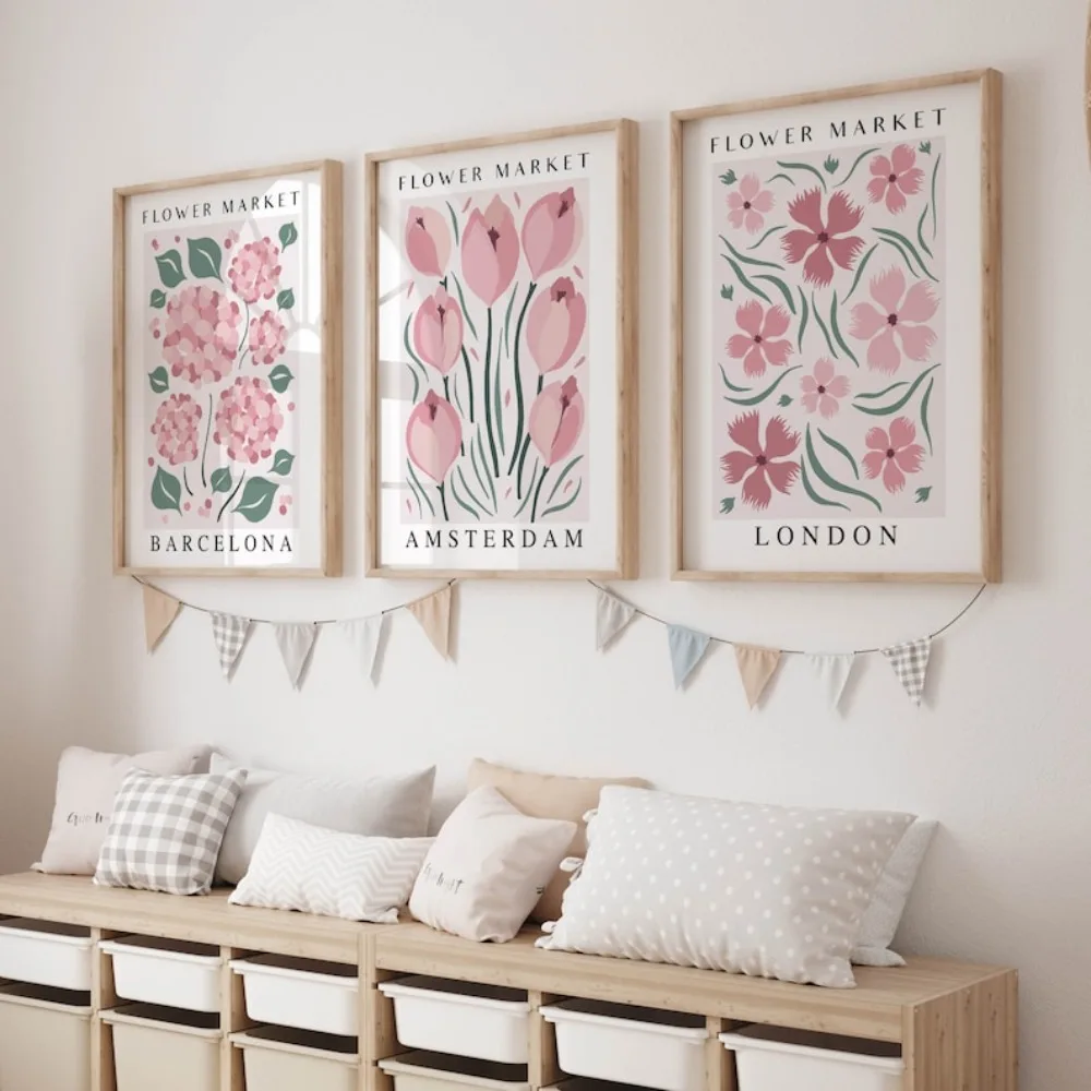 3PC Flower Market Prints in Dusty Pink,3 Pieces of Floral Printable Floral Canvas Painting for Retro Gallery Wall Art Decoration