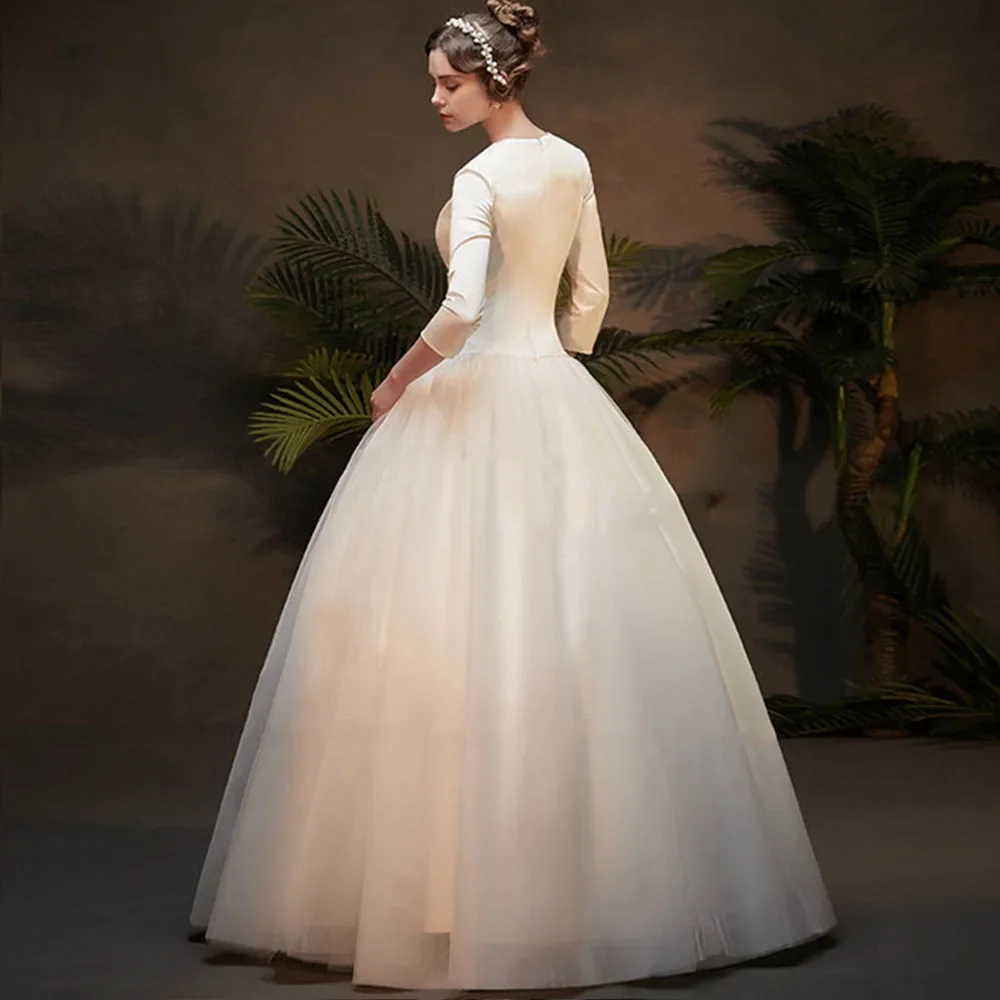 YCJ Muslim High Quality Ivory A-line Wedding Dresses Applique Customized Draped Pleat V-Neck Satin Bride Gown robe de mariée