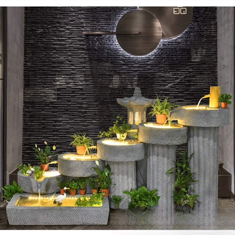 Fuente de bambú japonesa, adorno de agua corriente, paisaje, estanque de peces, balcón, restaurante, casa club, villa, patio, oficina