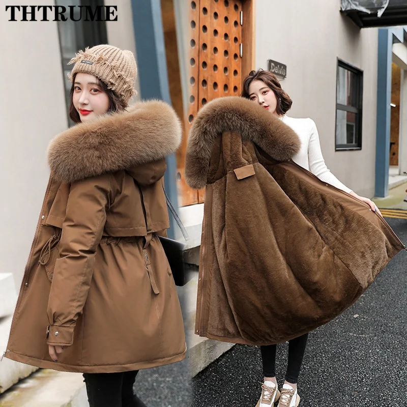 Autumn Winter Thick Liner Hooded Parka Jackets Fashion Women Long Sleeve Fur Collar Wool Zipper Coats Tops Casual New Parkas