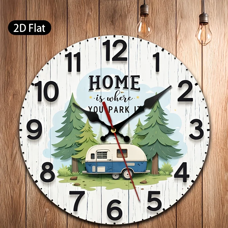 1pc,2D Flat Wall Clock,Home Is Where You Park It with Vintage Camper and Pine Trees, Suitable for Living Room, Bedroom, Study
