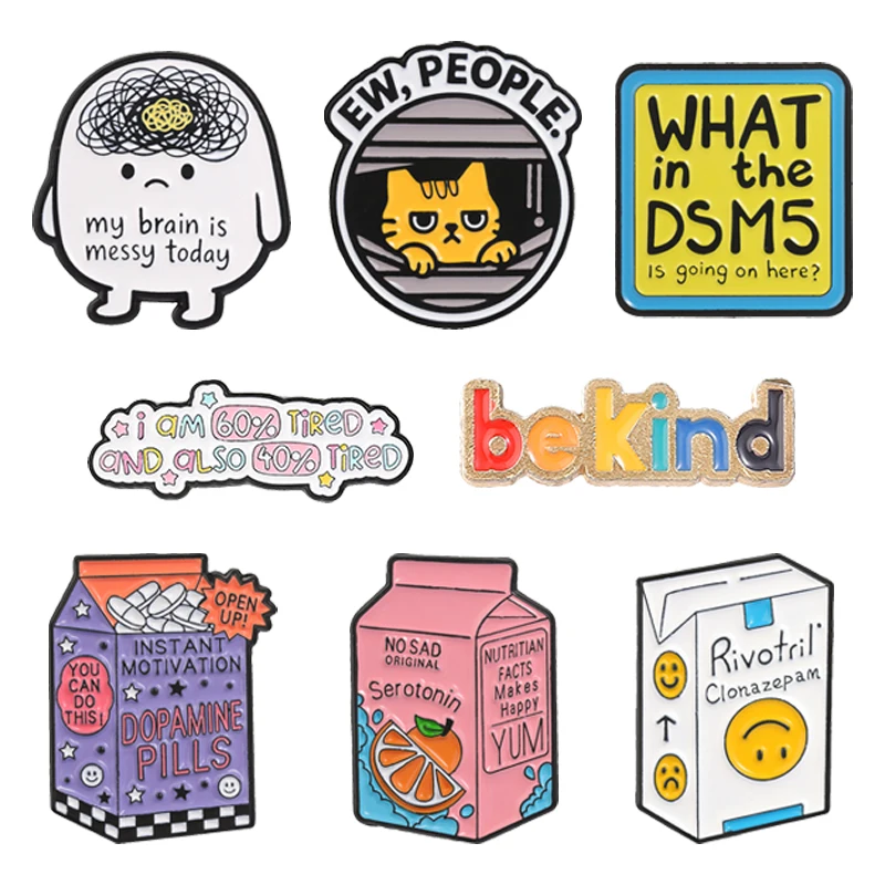 Mental Health Awareness Badges My Brain Is Messy Introvert Social Anxiety Mood Juice Drink Box Enamel Pins Psychology Gifts