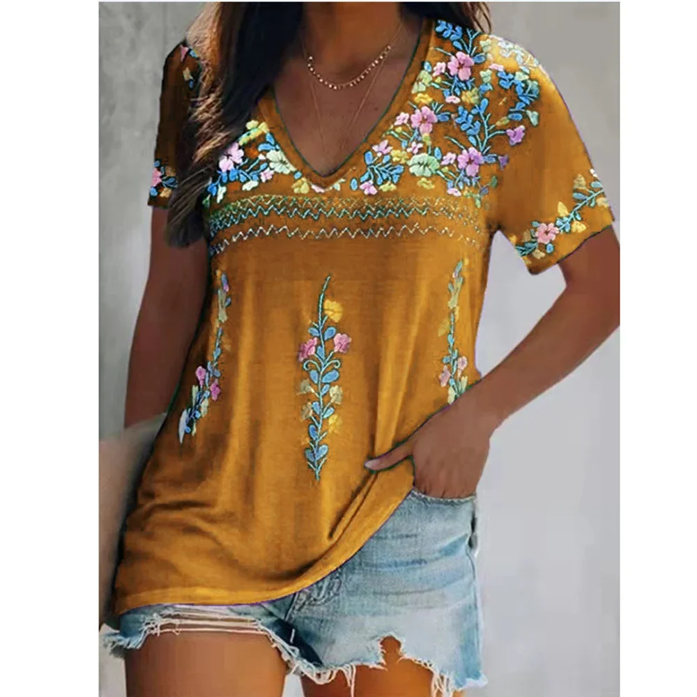 2025 Hot Selling Europe America Women's T-shirt Summer Bohemian Printed V-neck Short Sleeve Loose Casual Vacation Daily Top