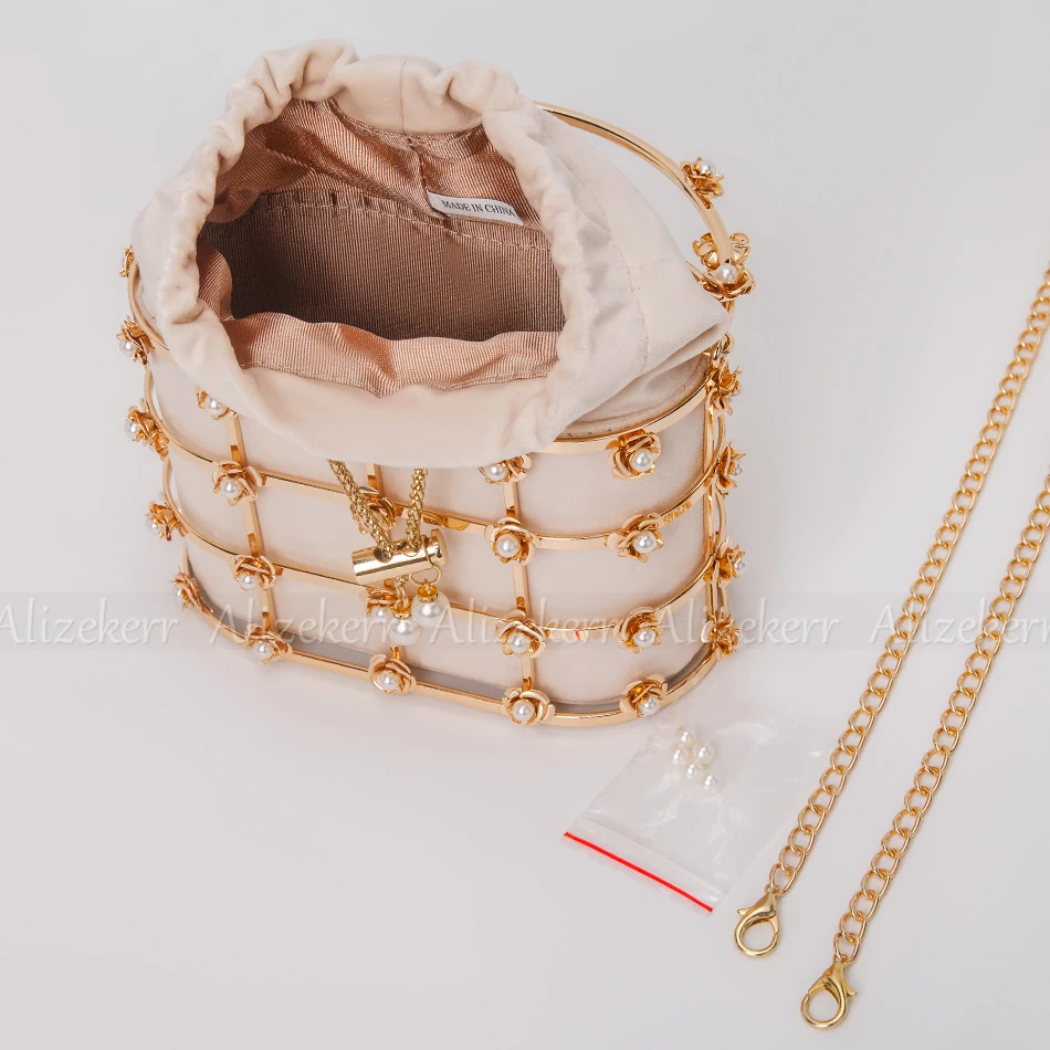 Women Metal Cage Evening Clutch Bags Bridal Luxury Hollow Out Velvet Metallic Flower Pearl Purses And Handbags Wedding Party