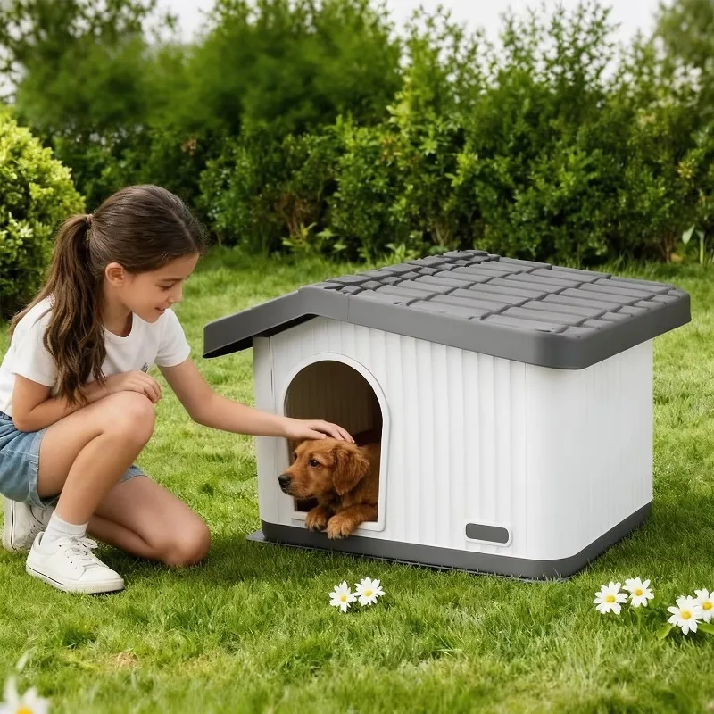

Sturdy Durable Plastic Tilted Roof Weatherproof Dog House With Non-slip Bottom Pet Shelter For Indoor & Outdoor Use
