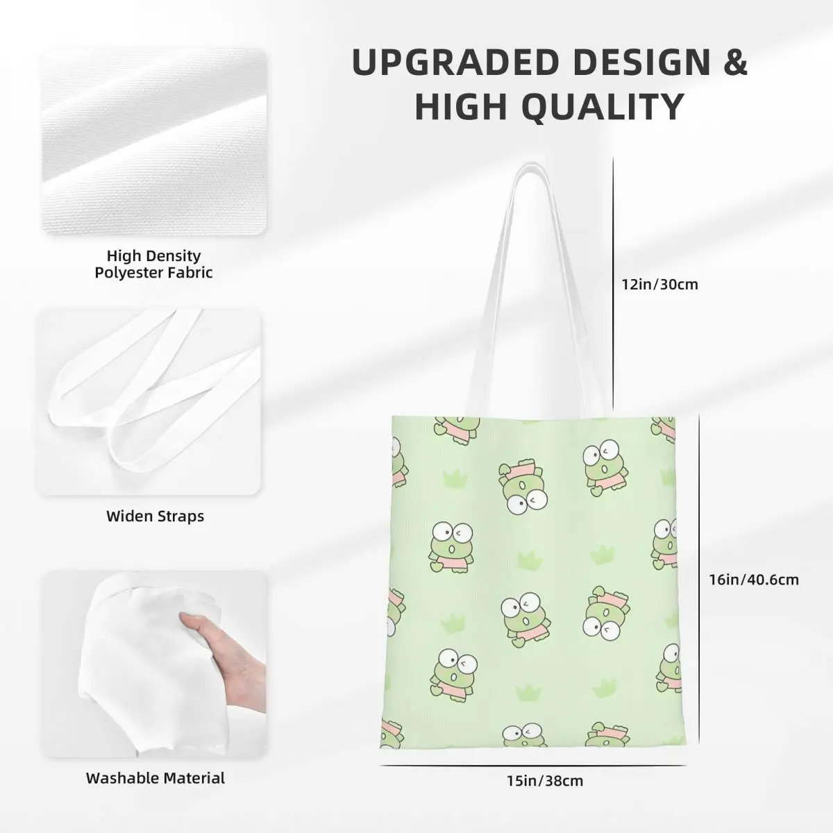 Sanrio Keroppi Frog Canvas Tote Bag Aesthetic Unique Design Cartoon Shopping Bag for Women Men