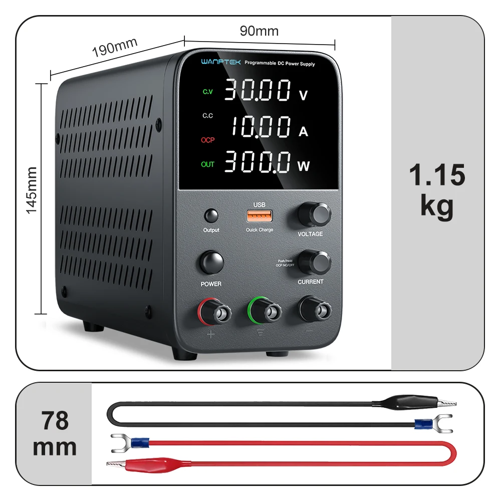 Wanptek DC Lab Power Supply WPS3010H Adjustable Switching Power Supply 30V 10A USB Fast Charging Dual Input Voltage 220V 110V