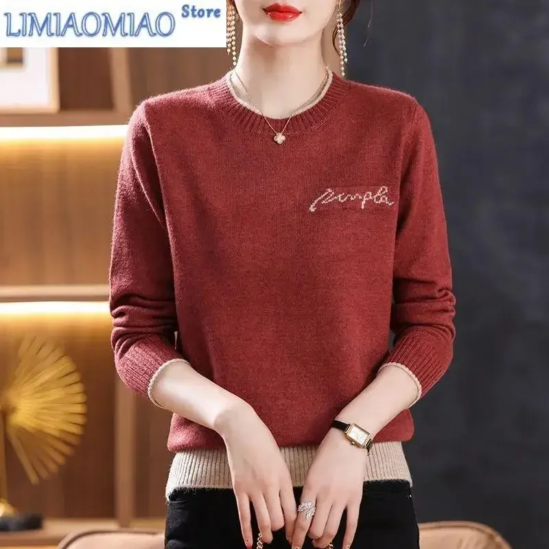 

Autumn Winter Women's Clothing Pullover Lantern Long Sleeve Sweater KnittedRound Neck Solid Color Letter Embroidery Tops