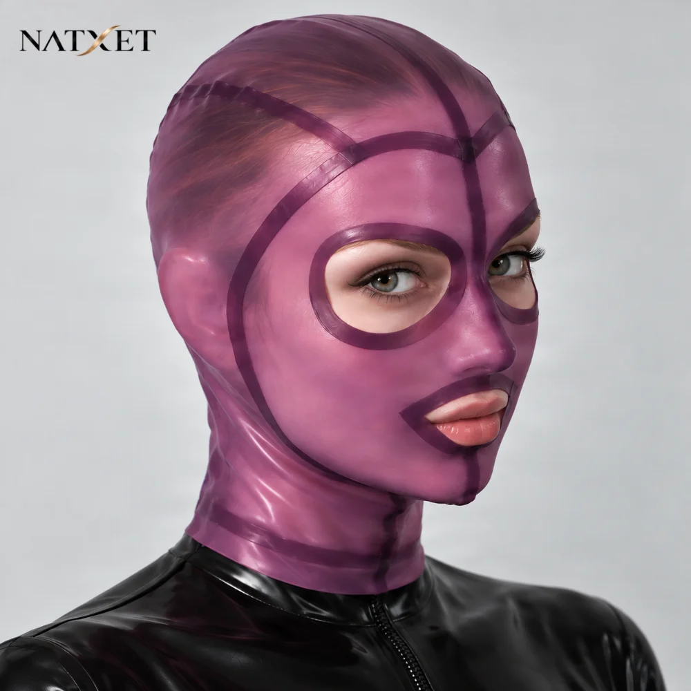 NATXET Handmade Natural Latex Hood Open Eyes and Mouth Back Zip Translucent Purple Rubber Mask Custom
