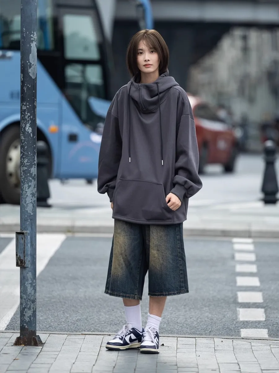 Retro Japanese Sle Hoodie Sweatirt ex Lazy Sle Casual Outerwear with Kangaroo ket Trendy  Color Zipper