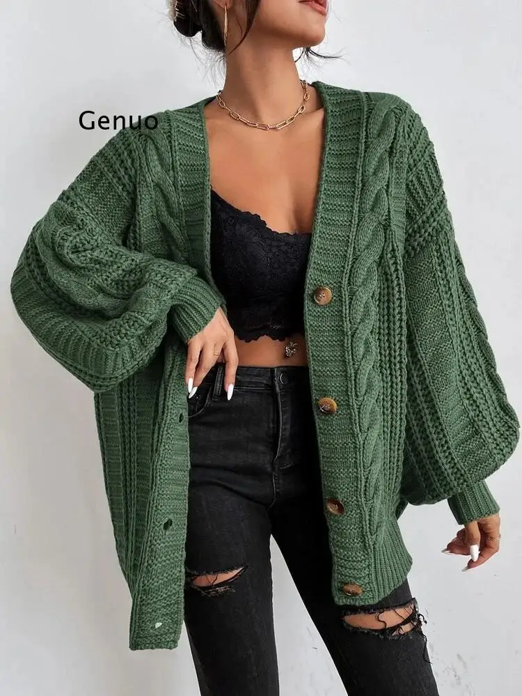 Cardigan Sweaters Women Vintage Teenagers Korean Fashion Feminino Knitwear Single Breasted Loose Long Sleeve green