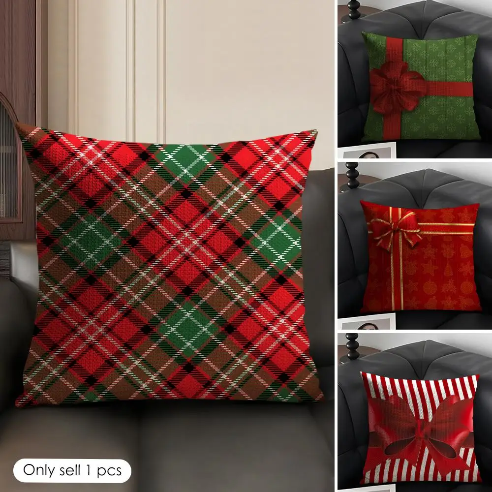 Gift Red Box Bow Cushion Cover Natural Linen Organic Fabric Double-Sided Printing Sofa Home Decor Gift Pillow Case