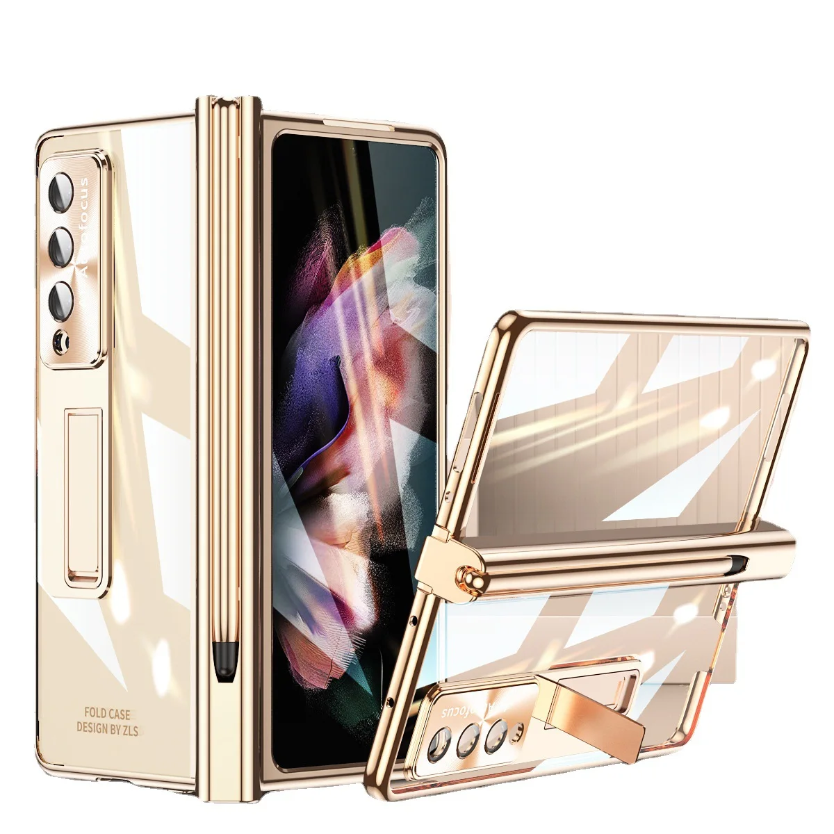 Integrated Shell Film With Pen Folding Bracket Case For Samsung Z Fold5/4/3 Hinge Electroplated Lens Full Protective Cover