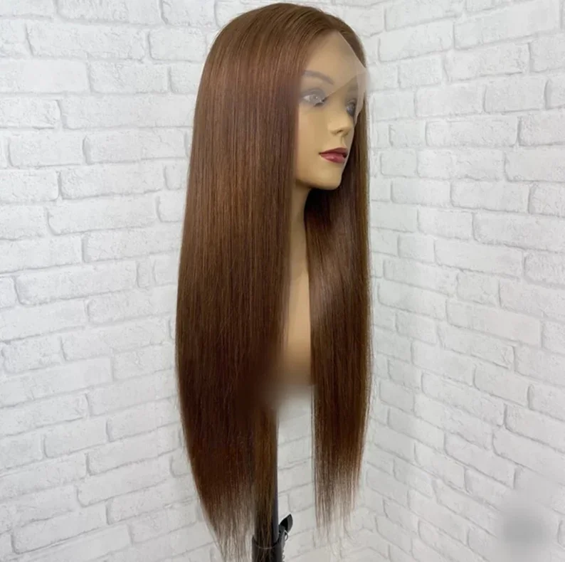 Glueless Brown 5x5 Silk Base 26“ Straight Jewish Human Hair Wig With Baby Hair HD Lace European Hair Preplucked