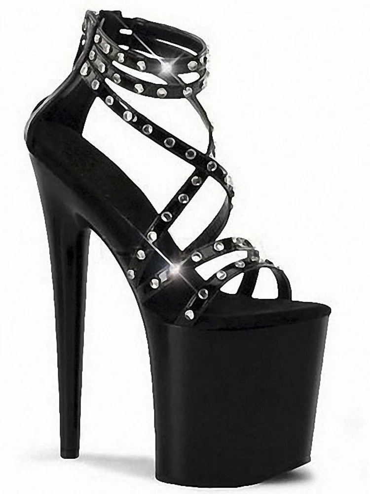 Club Pole Dance Shoes Roman Gothic Narrow Band Rivet Black 8Inch Stiletto Stripper Heels Gothic Punk Sandals Platform 20cm Punk