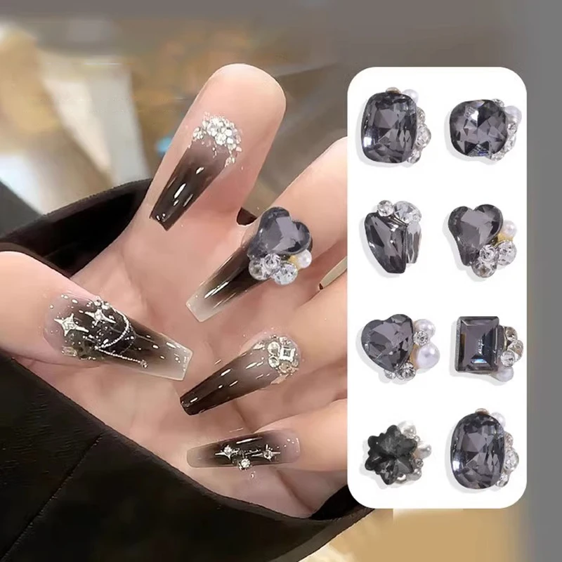 เครื่องประดับเพชรติดเล็บสีดำใส3ชิ้นเครื่องประดับที่กรอเล็บประกายเพชรสี่เหลี่ยมพลอยเทียมอุปกรณ์ตกแต่งเล็บ