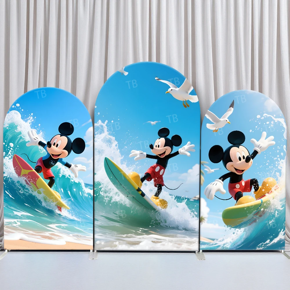 

TB Disney Mickey Mouse Arch Backdrop Cover Beach Surfing for Kids Birthday Shower Party Photo Background Decor Elastic Fabric