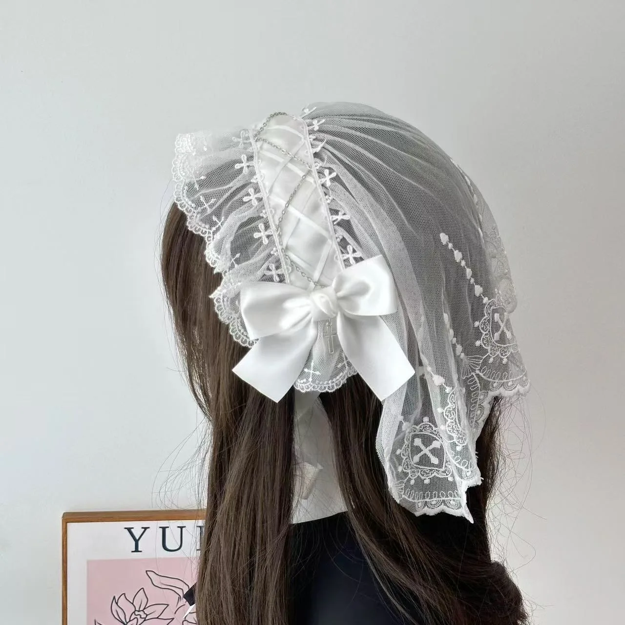 Sous-culture gothique croix blanc voile arc dentelle bandeau nonne Cosplay Anime femme de chambre cheveux accessoires