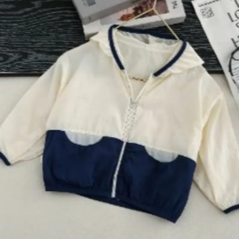 Childrens Color Blocked Sunscreen Clothes Summer Thin Boys and Girls Hooded Jackets Lightweight UV Protective Clothes