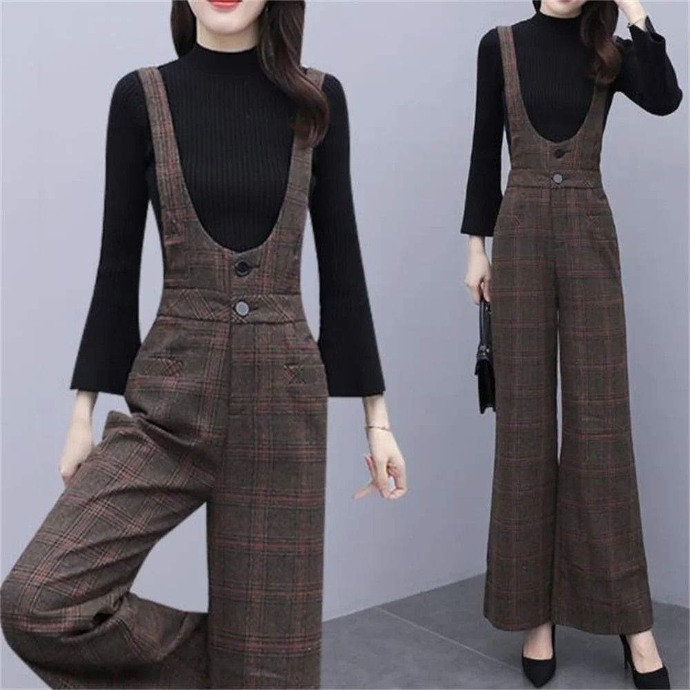 Plaid woolen suspenders suit  jumpsuit women new wide-leg pants long casual fashion enteritos mujer