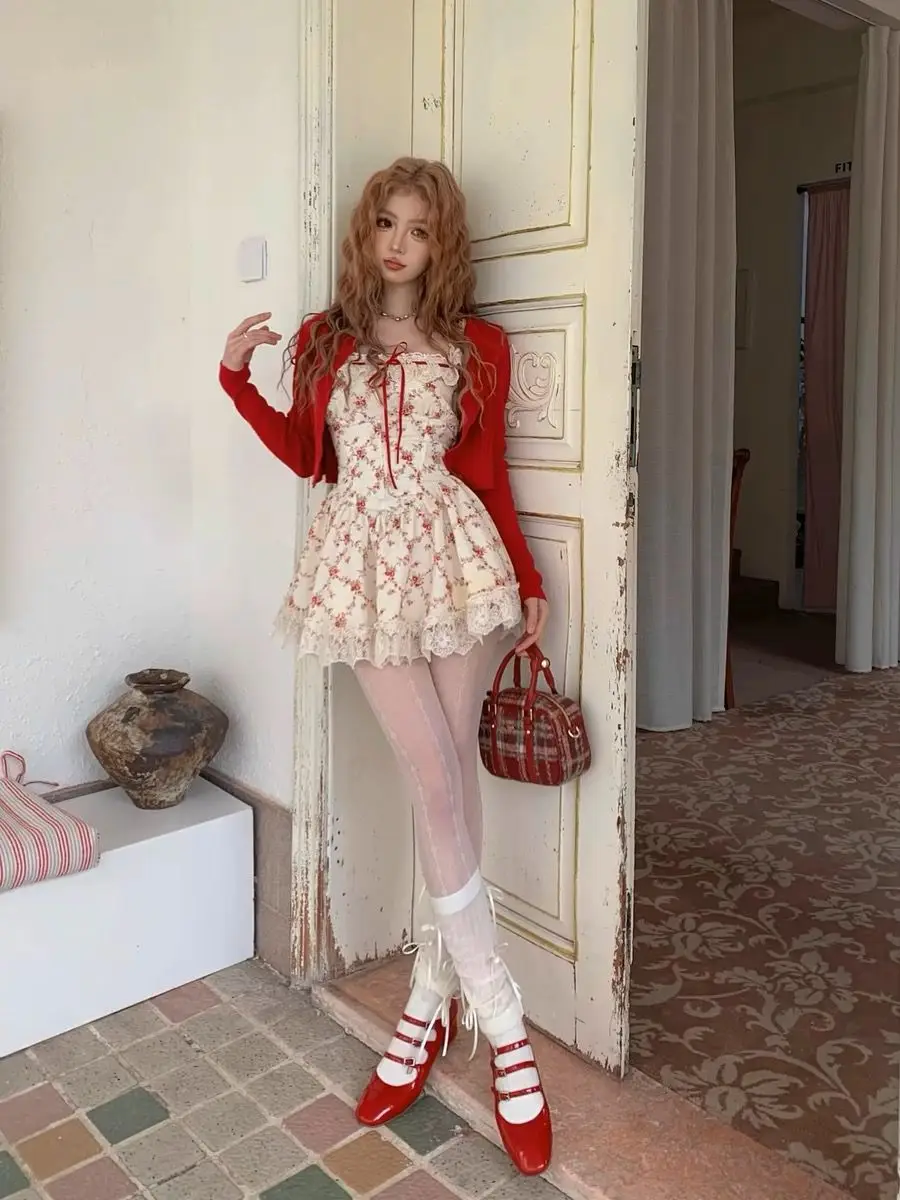 Sweet Cottagecore New Two Piece Set Women Red Knitted Cardigan +Cute Boho Mini Dress Female Print Casual Floral Dress Suit 2024