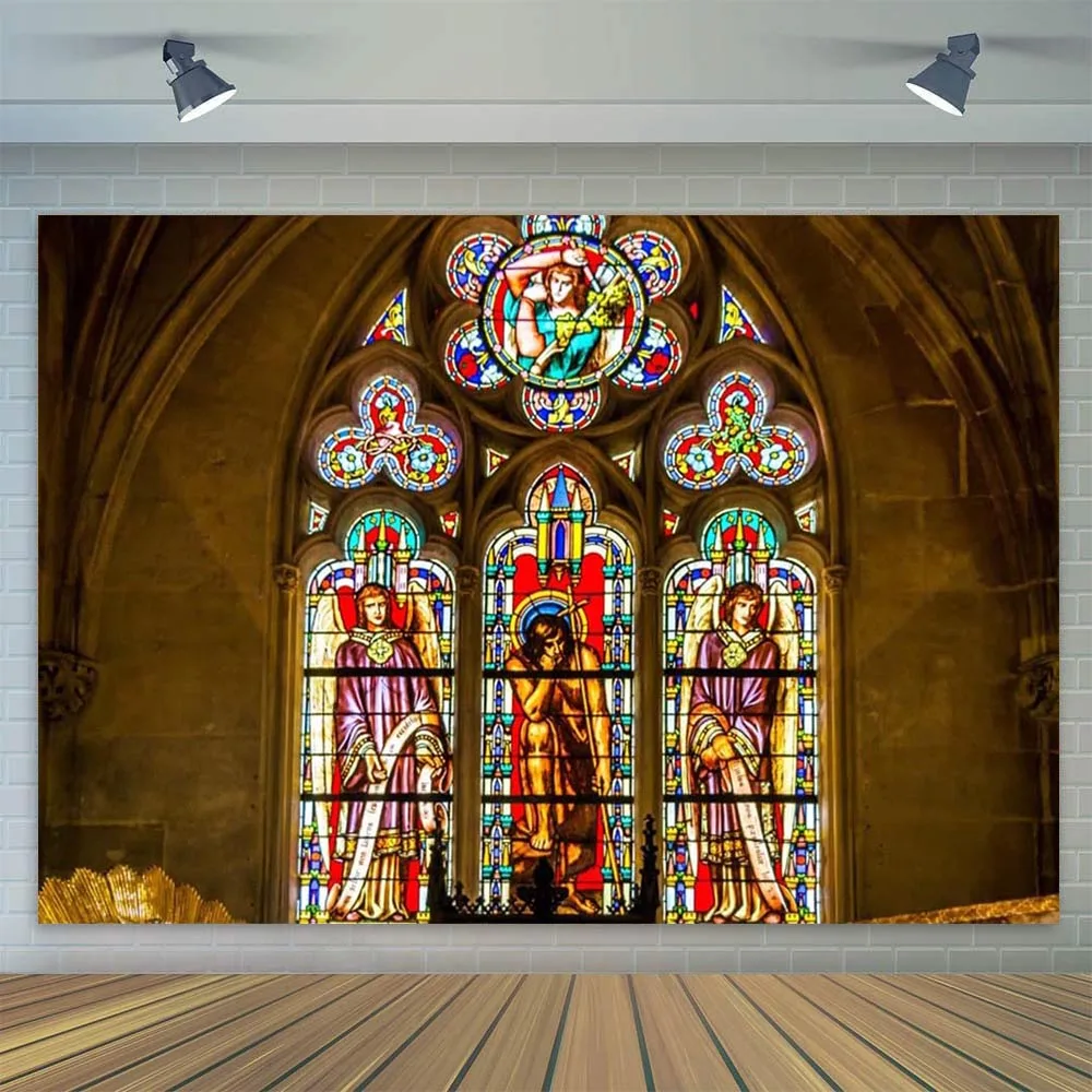 Vintage Religion Church Stained Glass Windows Angel Painting Heaven Photography Backdrop Kid Adult Photoshoot Studio Background