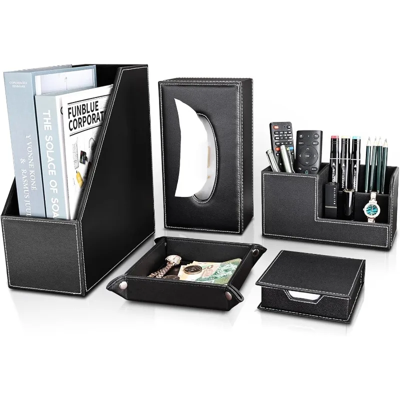 

5 PCS/SET Pu Leather Desk Organizer File Holder Accessories, Magazine Storage Rack+Desktop Pen&Pencil Holder+Tissue Box