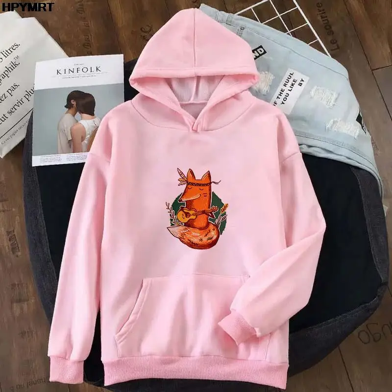 Women's Autumn and winter Casual pocket Sweatshirt Fox Play the guitar Printing Female Hoodie Cartoon Graphics Long sleeve Tops