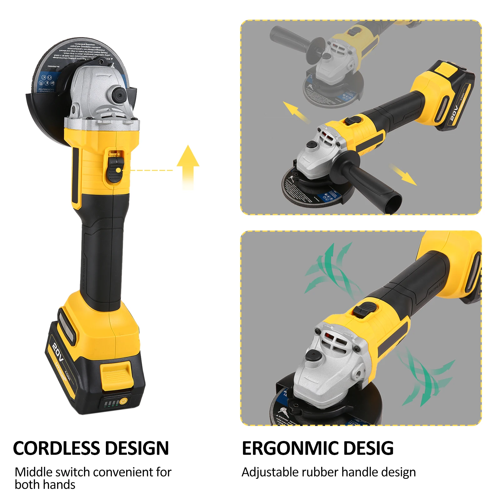 20V Brushless 4-1/2'' 115MM Power Angle Grinder Tool, 4.0Ah Li-Ion Battery Operated and Fast Charger, Electric Handheld Grinder