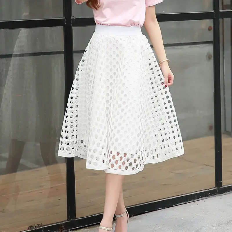 

Summer New Women's High Waist Hollow Lace Midi Skirt Korean Black Red White Stylish Gauze A-line Tutu Hole Umbrella Skirts P368