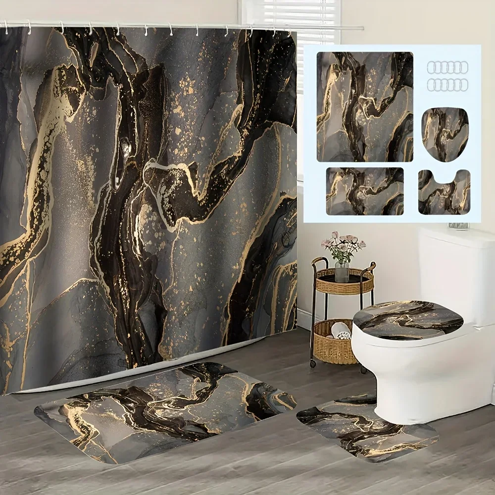 

4-piece gold-plated patterned bathroom set, including shower curtain, non-slip floor mat, toilet seat cover, bath mat with hooks
