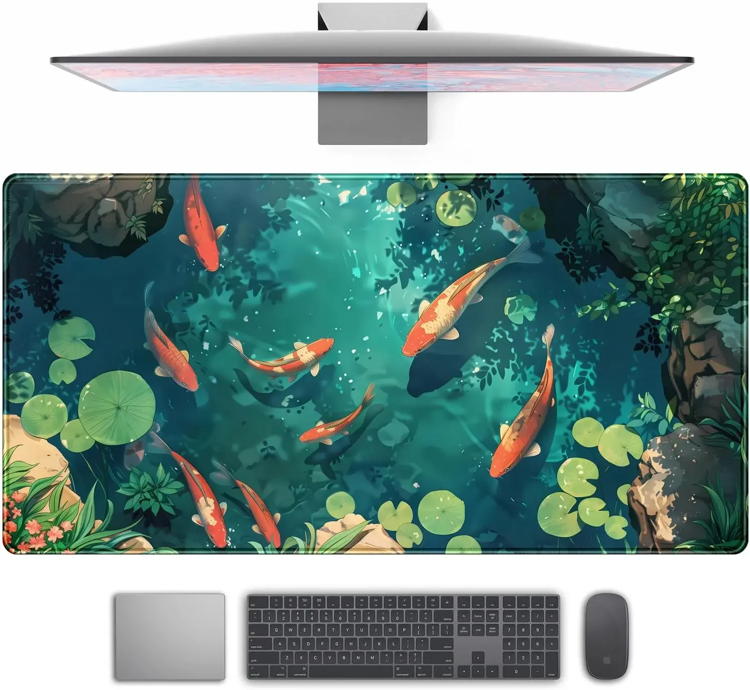 Anime Koi Lotus Gaming Mouse Pad,Oriental Red Carp Leaf Print Smooth Edge Non Slip Mat for Gamers Office Home Wireless Mouse Use