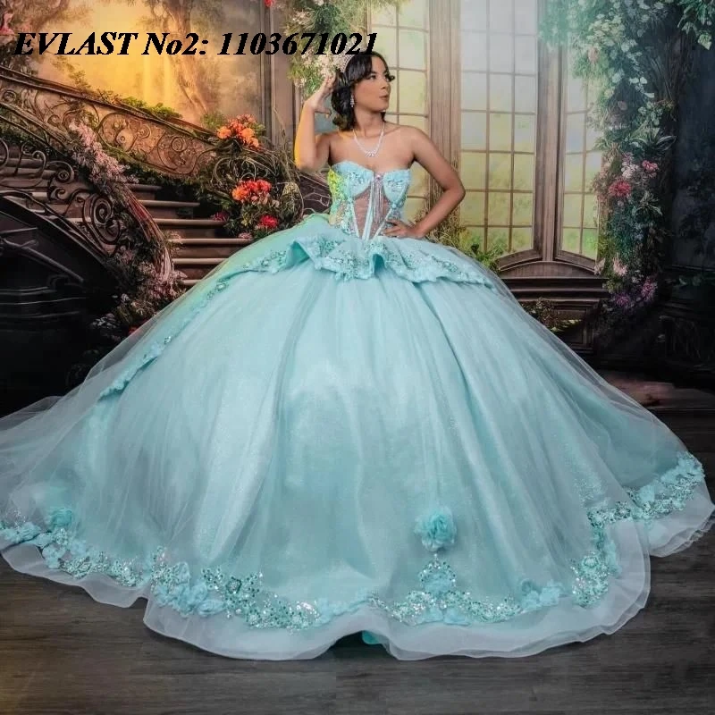 EVLAST Customized Luxury Mint Quinceanera Dress Floral Applique Beading Corset Sweet 16 Party Dress Vestidos De 15 Anos E2QA622