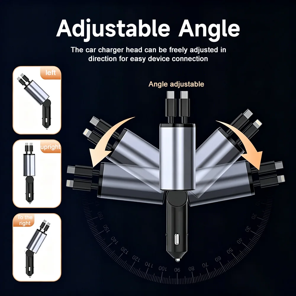 120W Fast Charging Car Charger Dual Retractable Type‑C Cables Dual USB‑A Digital Voltage Display Car Cigarette Lighter Adapter