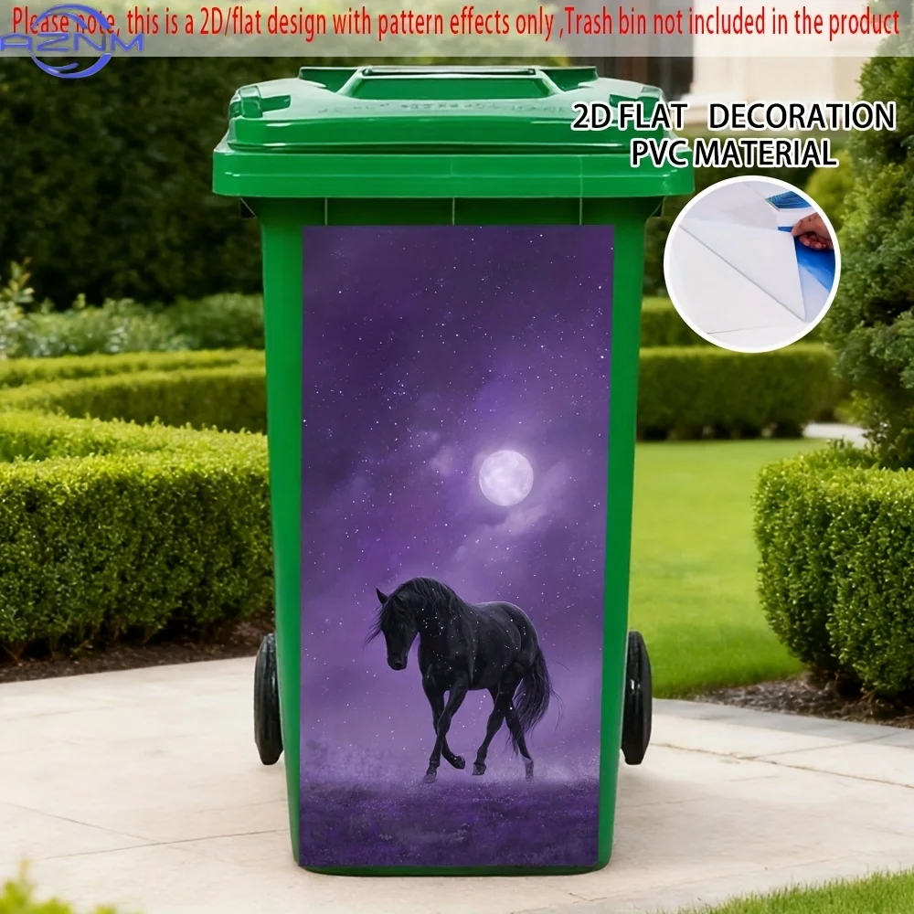1pc 2D/Flat Self-Adhesive Dustbin Sticker, .01× cm, Black Horse Under Moonlight Pattern, Suitable for Dustbins, Walls, and Kit