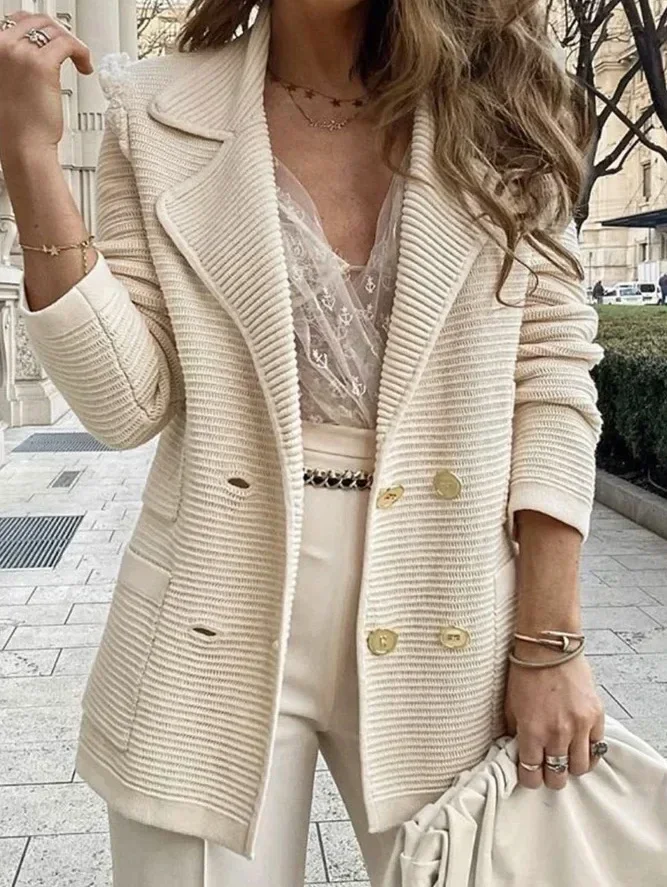 

Women Double Breasted Button Solid Color Autumn Winter Blazer Jacket Fashion Casual Long Sleeve Coat Cardigan