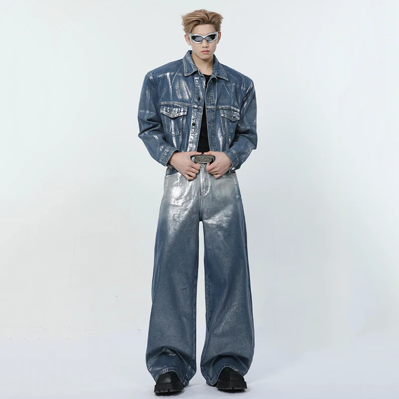 IEFB Niche Style Male Denim Two-piece Liquid State Washing Turn-down Collar Long Sleeve Jackets Worn-out Jeans Summer 9C6544