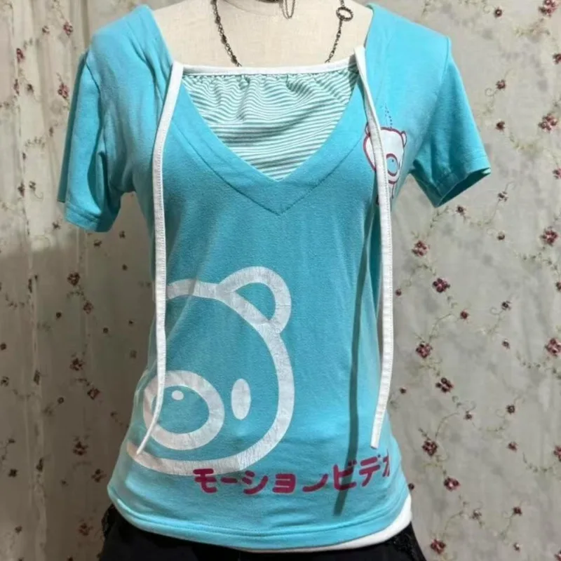 Camiseta americana Hottie, camisetas de retales a rayas con subcultura, camisetas con estampado de oso de dibujos animados Kawaii Harajuku, camisetas ajustadas falsas para mujer