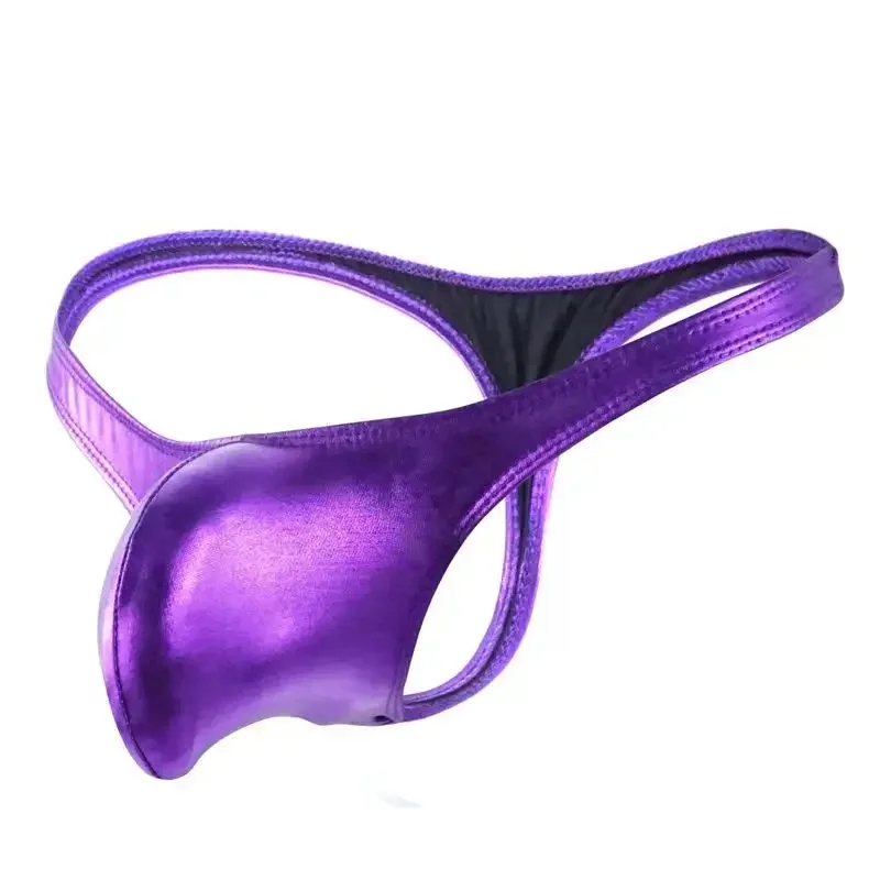 Men's Sexy Gay Thong Underwear Shorts Patent Leather Bare Buttocks Underpants with Pouch G-String Majtki for Men