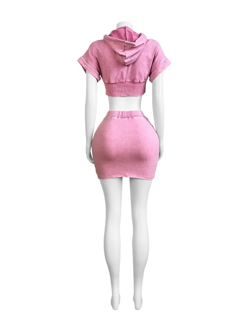 Women Solid Ribbed Patchwork Cotton Cargo 2 Piece Set Grommet Rinbbon Pockets Zipper Short Sleeve Hooded Crop Tops + Mini Skirts